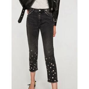 Zara Trafaluc Denimwear Black Straight Leg Jeans Size 4 Raw Hem Grunge Biker Alt